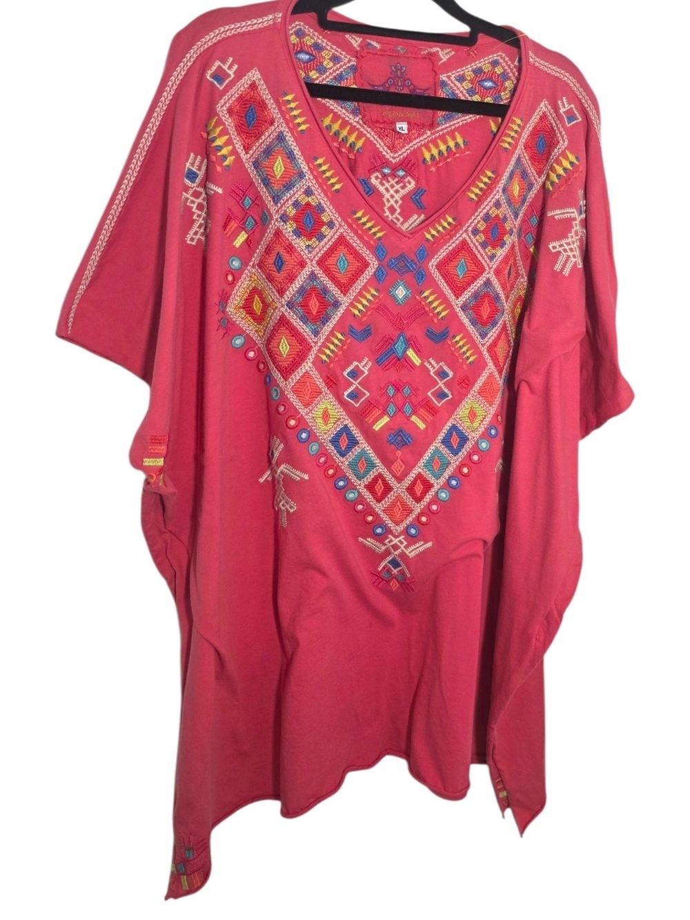 Johnny Was Embroidered V-Neck Poncho Relaxed Top - Pink XL Chest 36"